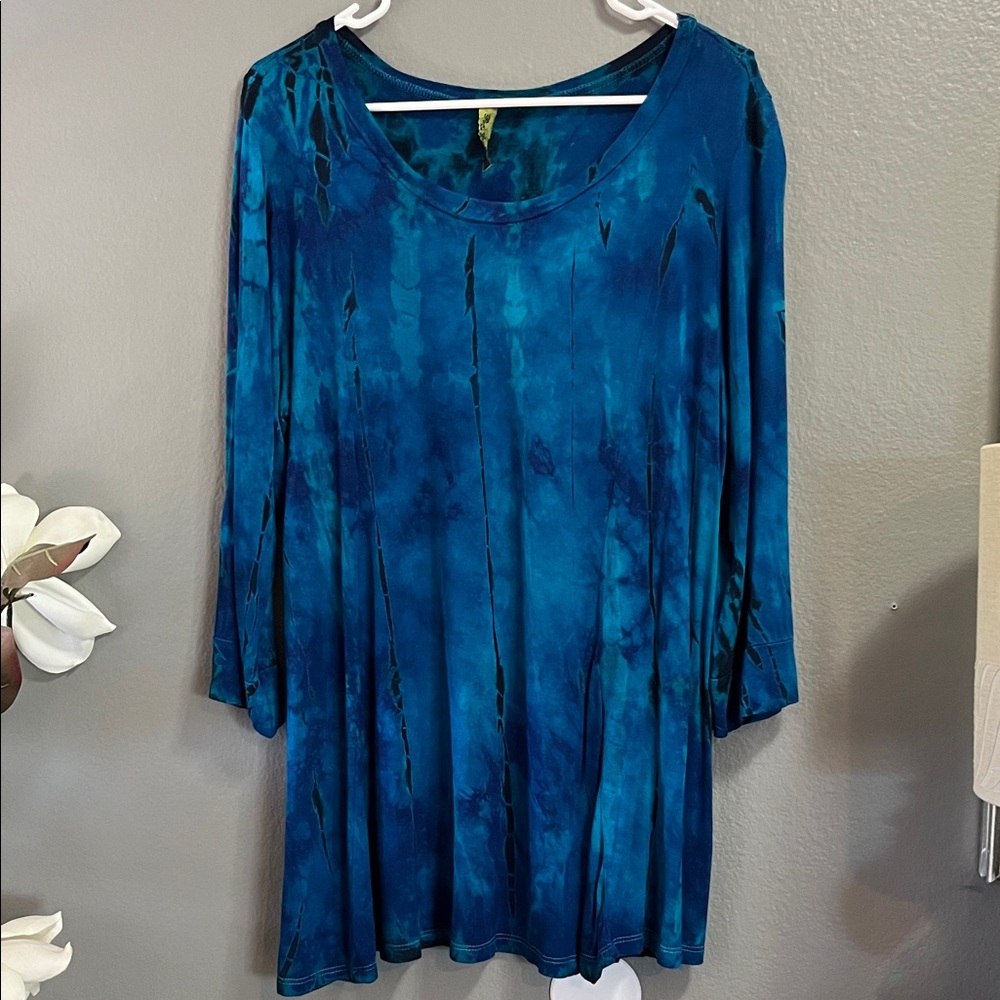3/4" Sleeves Teal Tie-Dye Tunic Blouse XL New